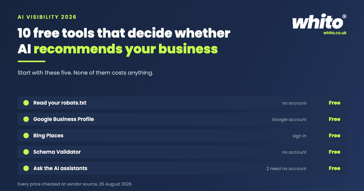 List of five free AI visibility tools for UK small businesses: read your robots.txt, Google Business Profile, Bing Places, Schema Validator and asking the AI assistants, each marked free