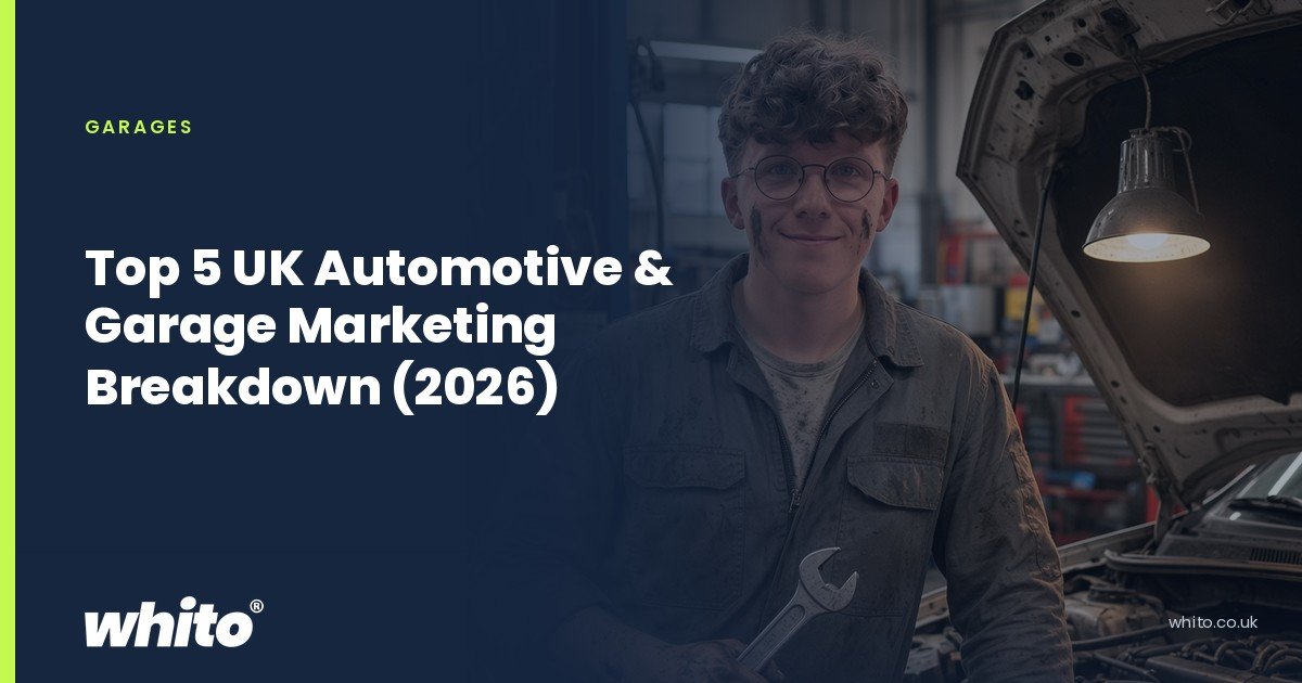 Whito founder pictured as a mechanic holding a spanner beside a car with its bonnet raised in a workshop, on a navy Whito card headed “Top 5 UK Automotive & Garage Marketing Breakdown (2026)”.