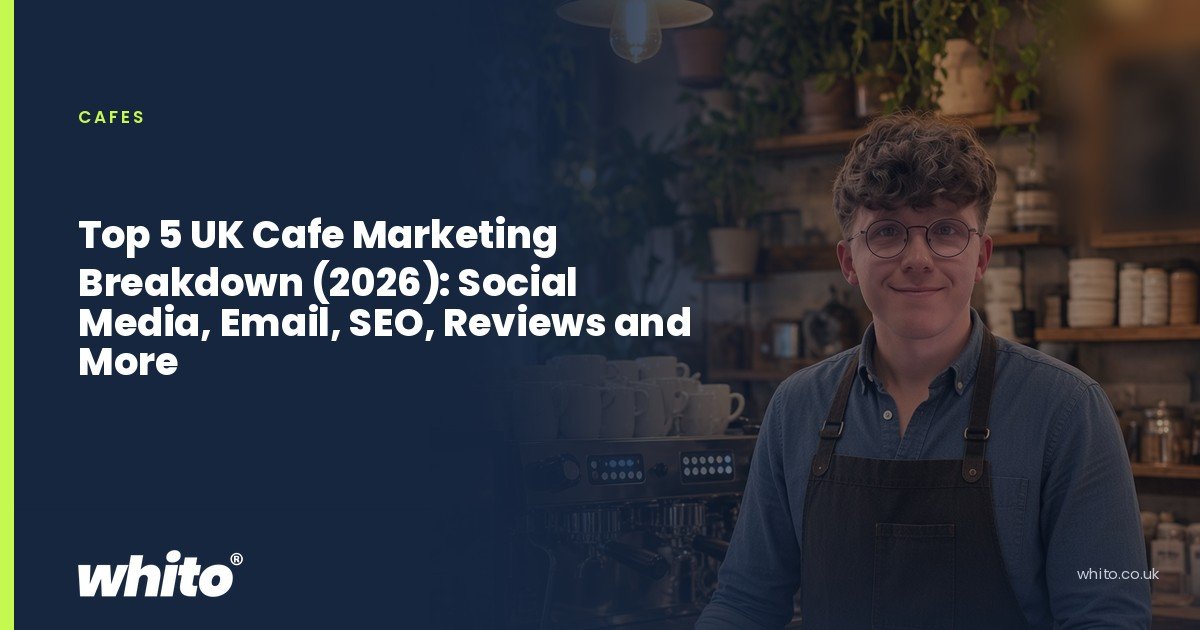 Whito founder pictured as a barista behind a coffee shop counter with an espresso machine, on a navy Whito card headed “Top 5 UK Cafe Marketing Breakdown (2026): Social Media, Email, SEO, Reviews and More”.