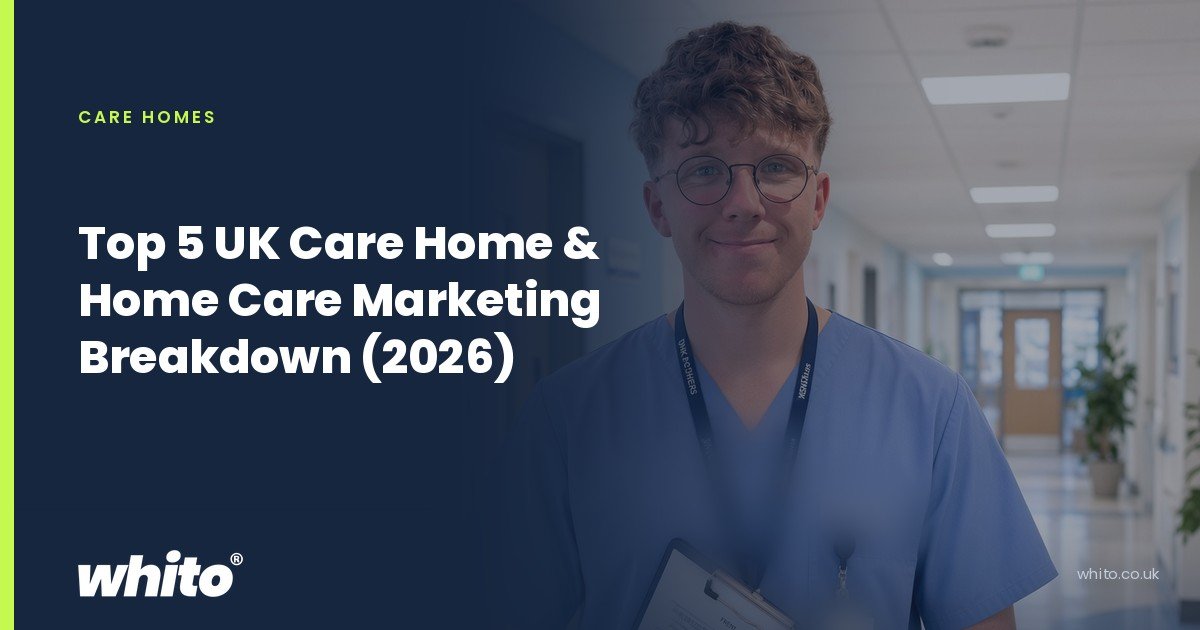 Whito founder pictured as a healthcare worker in scrubs holding a clipboard in a clinic corridor, on a navy Whito card headed “Top 5 UK Care Home & Home Care Marketing Breakdown (2026)”.