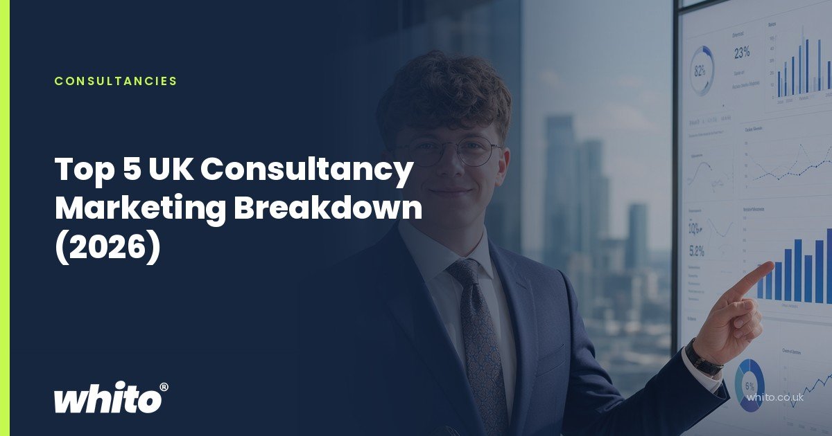 Whito founder pictured as a consultant in a suit presenting charts on a screen in a city office, on a navy Whito card headed “Top 5 UK Consultancy Marketing Breakdown (2026)”.