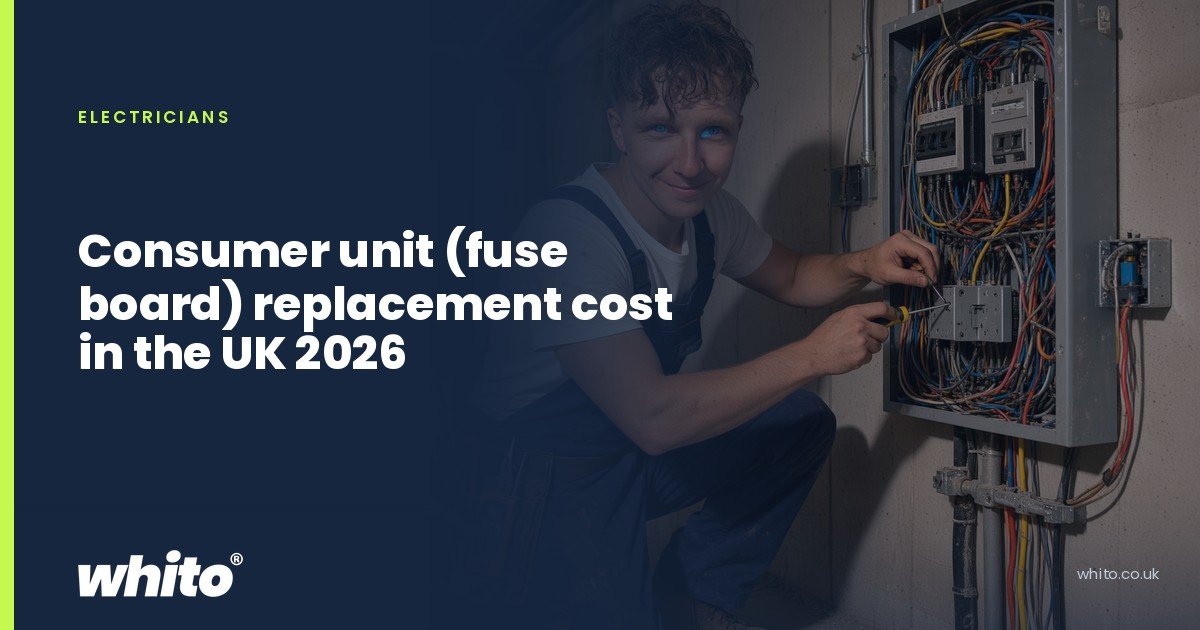 Whito founder pictured as an electrician working inside an open consumer unit full of wiring, on a navy Whito card headed “Consumer unit (fuse board) replacement cost in the UK 2026”.