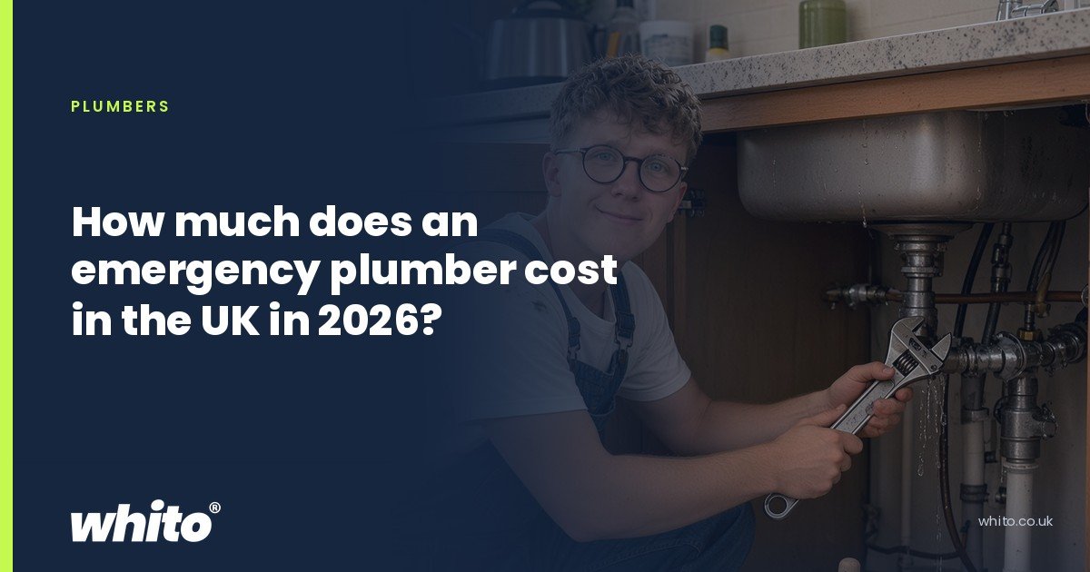 Whito founder pictured as a plumber kneeling under a kitchen sink with an adjustable spanner, on a navy Whito card headed “How much does an emergency plumber cost in the UK in 2026?”.