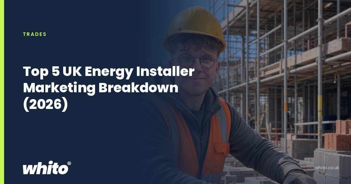 Whito founder pictured as a builder in a hard hat and hi-vis vest in front of scaffolding, on a navy Whito card headed “Top 5 UK Energy Installer Marketing Breakdown (2026)”.