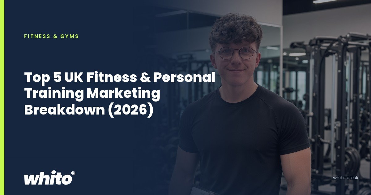 Whito founder pictured as a personal trainer with a clipboard and a resistance band in a gym, on a navy Whito card headed “Top 5 UK Fitness & Personal Training Marketing Breakdown (2026)”.