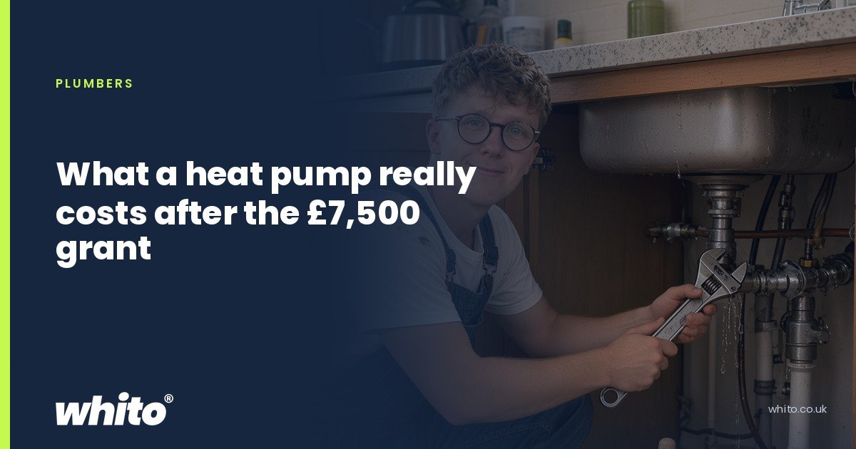 Whito founder pictured as a plumber kneeling under a kitchen sink with an adjustable spanner, on a navy Whito card headed “What a heat pump really costs after the £7,500 grant”.