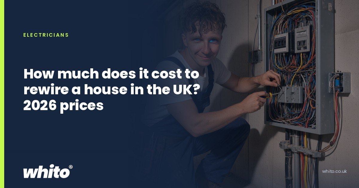 Whito founder pictured as an electrician working inside an open consumer unit full of wiring, on a navy Whito card headed “How much does it cost to rewire a house in the UK? 2026 prices”.