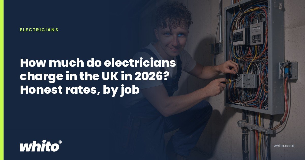 Whito founder pictured as an electrician working inside an open consumer unit full of wiring, on a navy Whito card headed “How much do electricians charge in the UK in 2026? Honest rates, by job”.