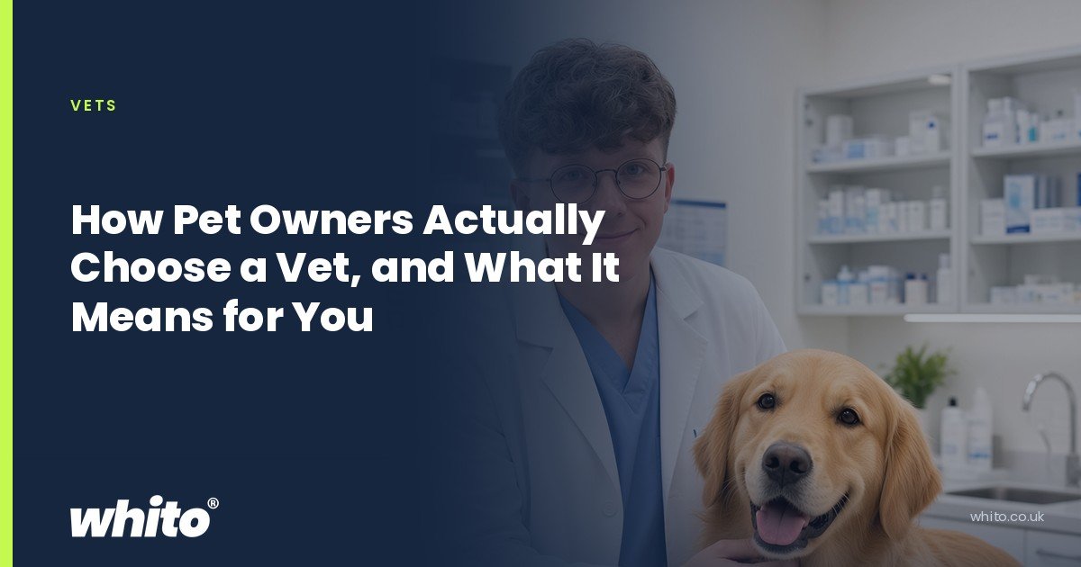 Whito founder pictured as a vet in a white coat with a golden retriever on an examination table, on a navy Whito card headed “How Pet Owners Actually Choose a Vet, and What It Means for You”.