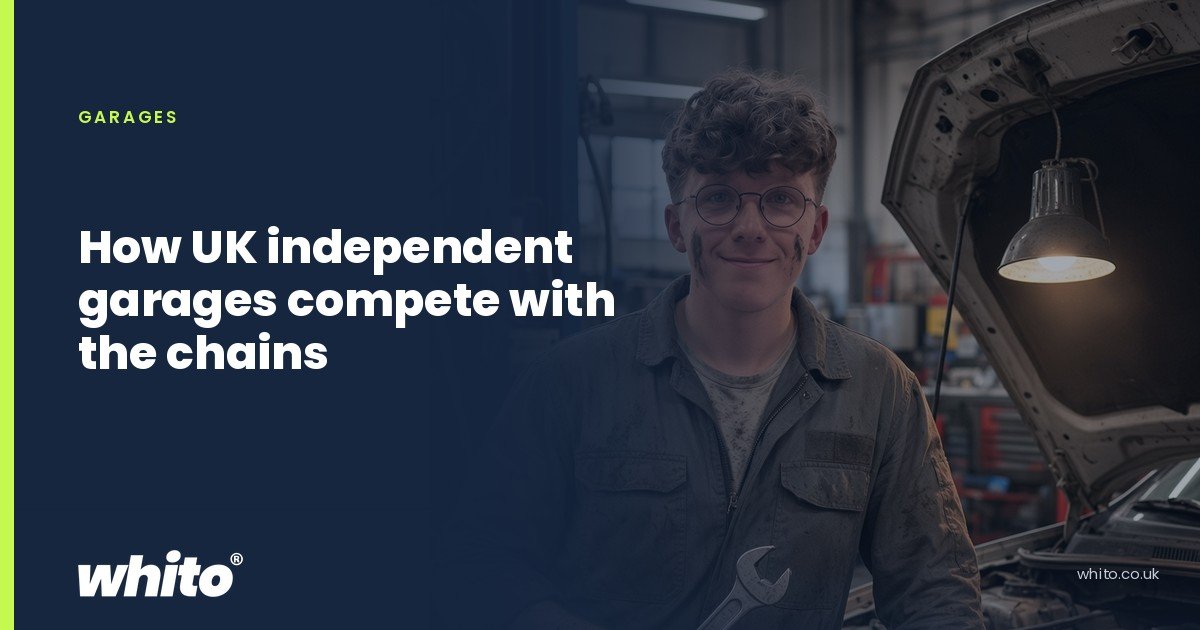 Whito founder pictured as a mechanic holding a spanner beside a car with its bonnet raised in a workshop, on a navy Whito card headed โHow UK independent garages compete with the chainsโ.