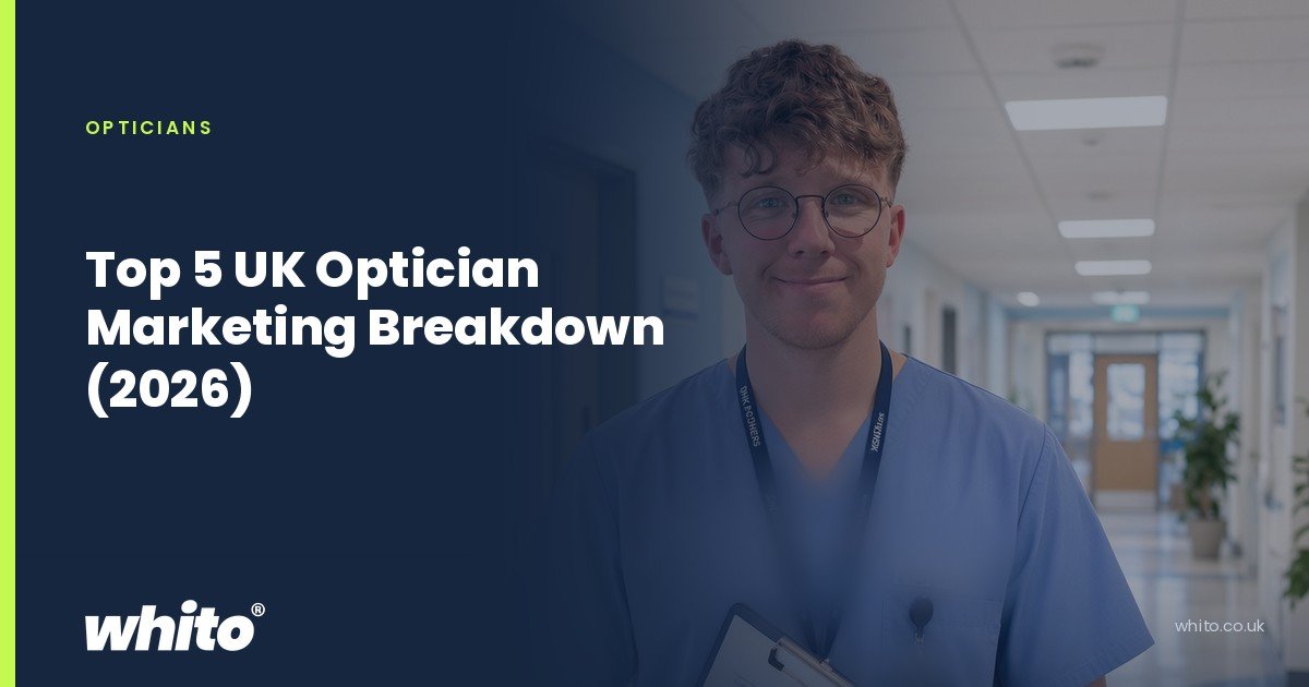 Whito founder pictured as a healthcare worker in scrubs holding a clipboard in a clinic corridor, on a navy Whito card headed “Top 5 UK Optician Marketing Breakdown (2026)”.