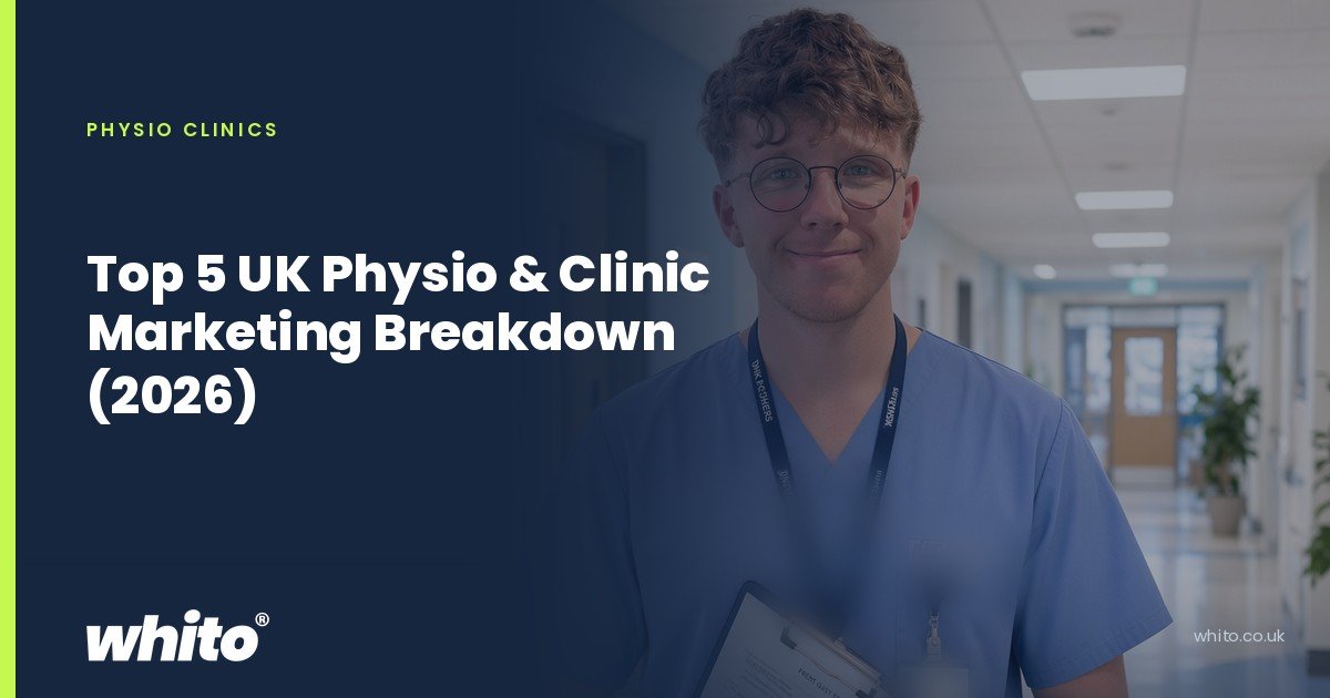Whito founder pictured as a healthcare worker in scrubs holding a clipboard in a clinic corridor, on a navy Whito card headed “Top 5 UK Physio & Clinic Marketing Breakdown (2026)”.