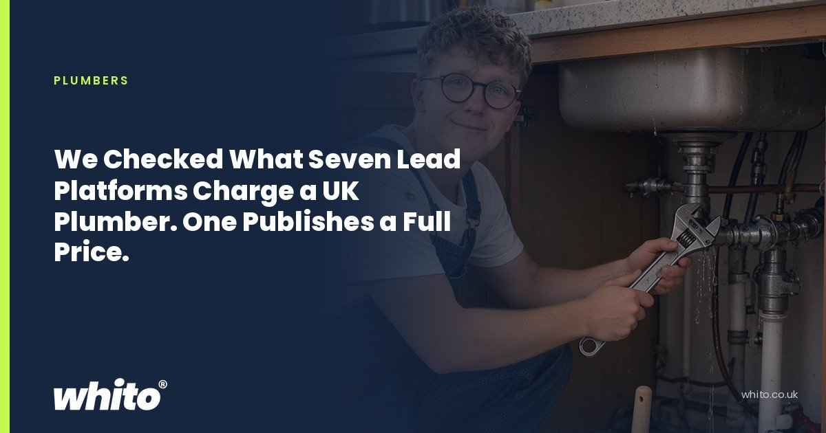 Whito founder pictured as a plumber kneeling under a kitchen sink with an adjustable spanner, on a navy Whito card headed “We Checked What Seven Lead Platforms Charge a UK Plumber. One Publishes a Full Price.”.