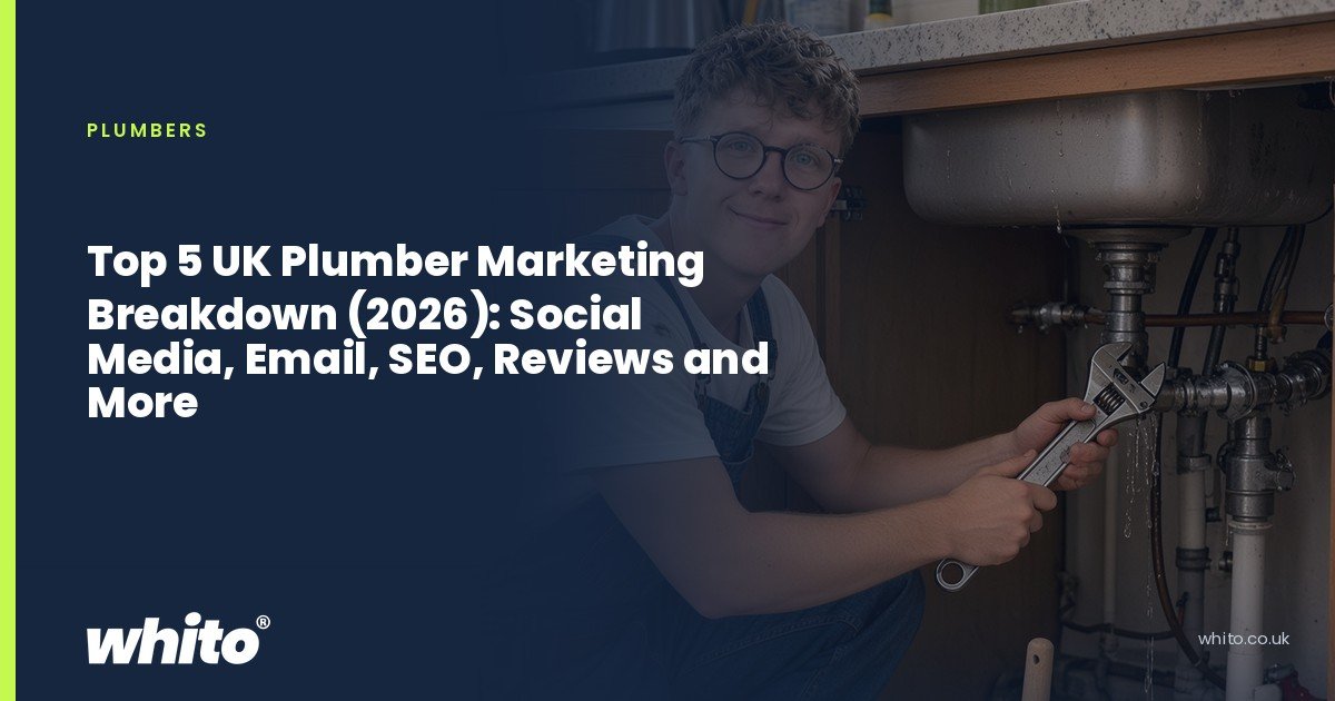 Whito founder pictured as a plumber kneeling under a kitchen sink with an adjustable spanner, on a navy Whito card headed “Top 5 UK Plumber Marketing Breakdown (2026): Social Media, Email, SEO, Reviews and More”.