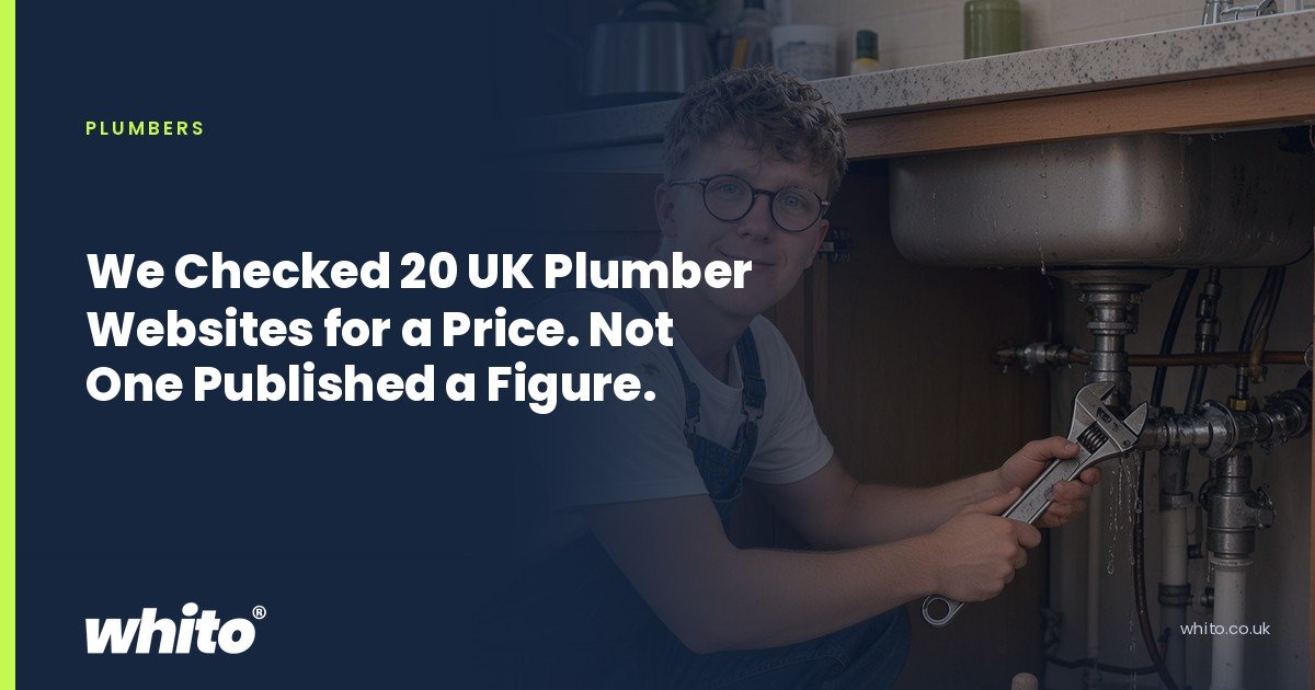 Whito founder pictured as a plumber kneeling under a kitchen sink with an adjustable spanner, on a navy Whito card headed “We Checked 20 UK Plumber Websites for a Price. Not One Published a Figure.”.