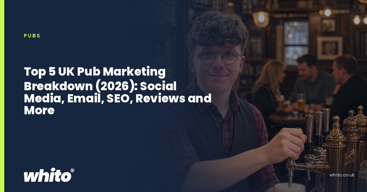 Whito founder pictured as a pub landlord pulling a pint behind the bar, on a navy Whito card headed “Top 5 UK Pub Marketing Breakdown (2026): Social Media, Email, SEO, Reviews and More”.