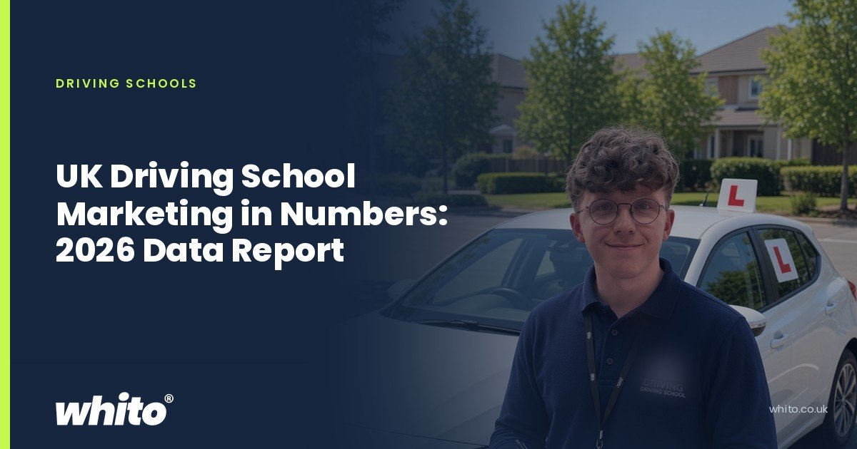Whito founder pictured as a driving instructor with a clipboard beside a learner car with red L plates, on a navy Whito card headed “UK Driving School Marketing in Numbers: 2026 Data Report”.