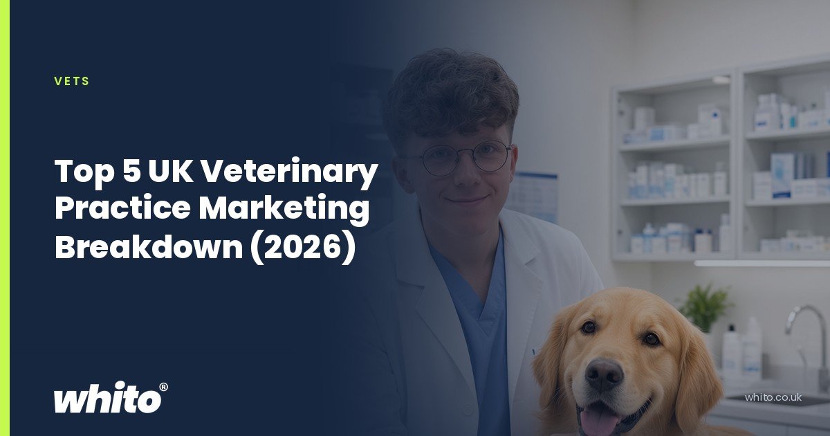 Whito founder pictured as a vet in a white coat with a golden retriever on an examination table, on a navy Whito card headed “Top 5 UK Veterinary Practice Marketing Breakdown (2026)”.