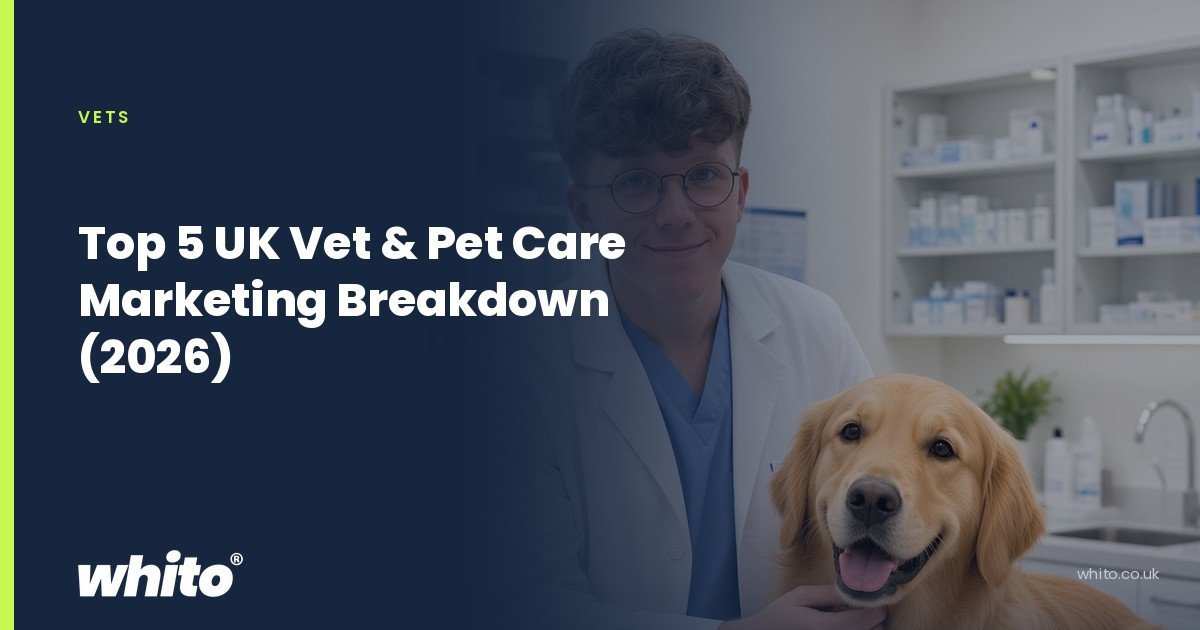 Whito founder pictured as a vet in a white coat with a golden retriever on an examination table, on a navy Whito card headed “Top 5 UK Vet & Pet Care Marketing Breakdown (2026)”.