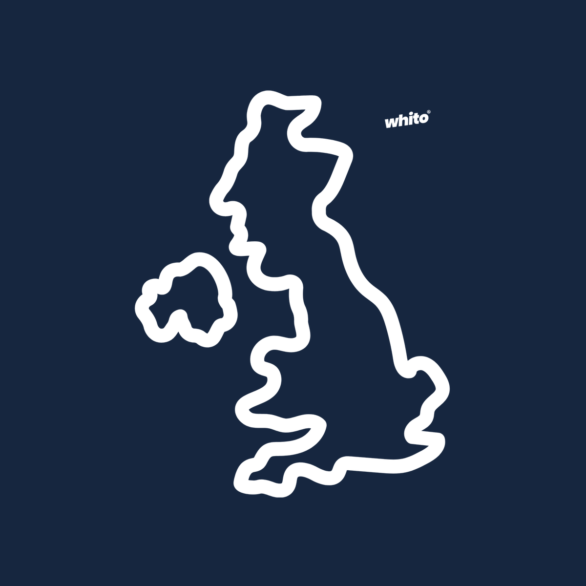 Whito logo beside an outline map of the United Kingdom, marking Whito as independent marketing help for UK small businesses