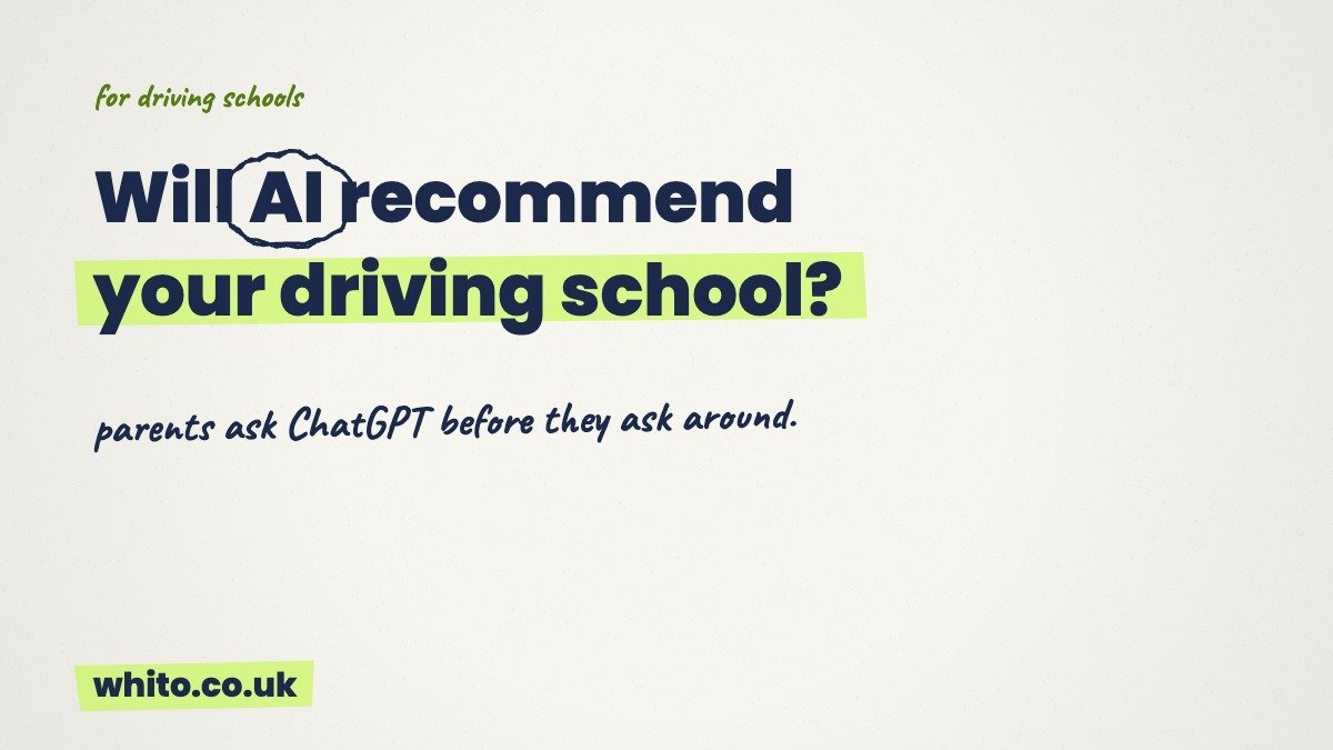 Will AI recommend your driving school? Hand-drawn Whito graphic for driving instructors.