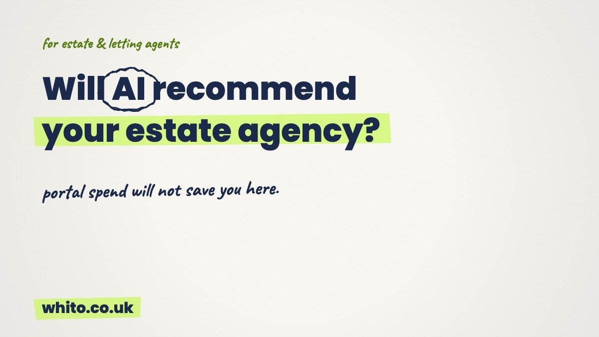 Will AI recommend your estate agency? Hand-drawn Whito graphic for estate and letting agents.