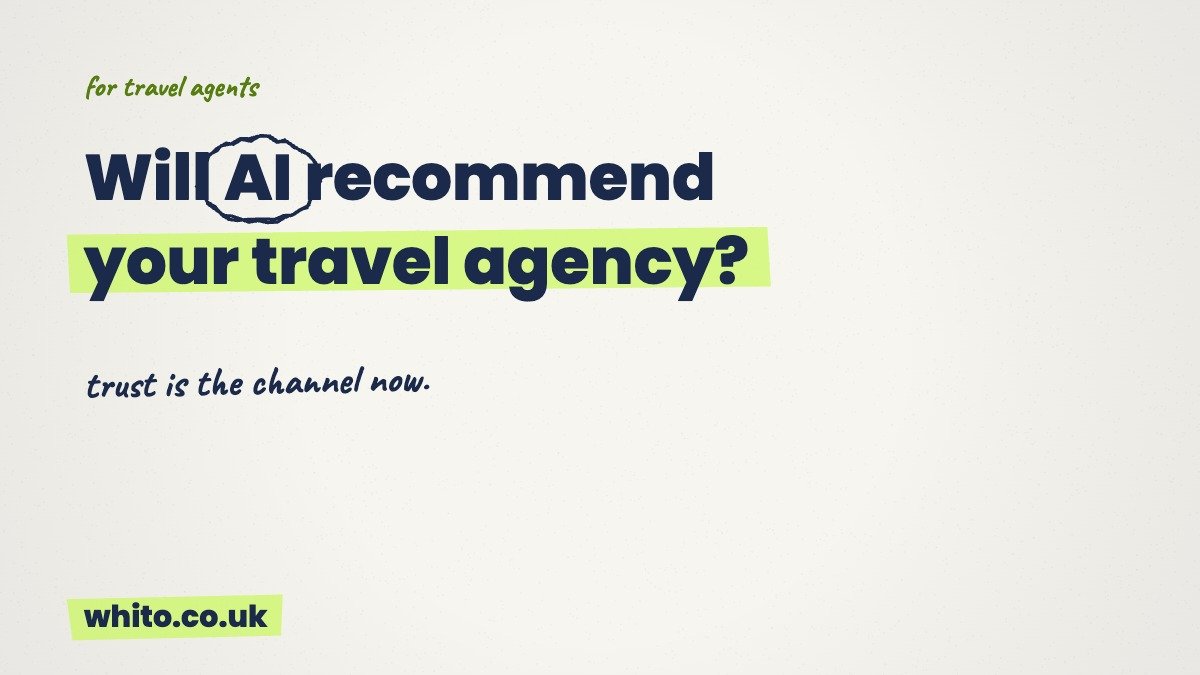 Will AI recommend your travel agency? Hand-drawn Whito graphic for UK travel agents.