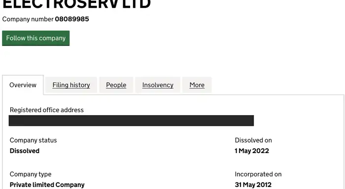 Companies House record for Electroserv Ltd, company number 08089985, showing status Dissolved on 1 May 2022
