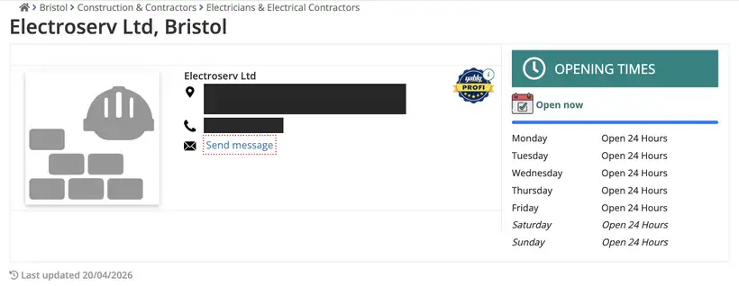Cylex UK listing for Electroserv Ltd in Bristol showing opening times of 24 hours a day and Last updated 20/04/2026