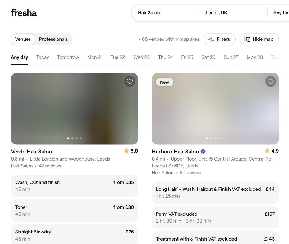 Fresha marketplace search results for hair salons in Leeds showing services, prices and bookable slots