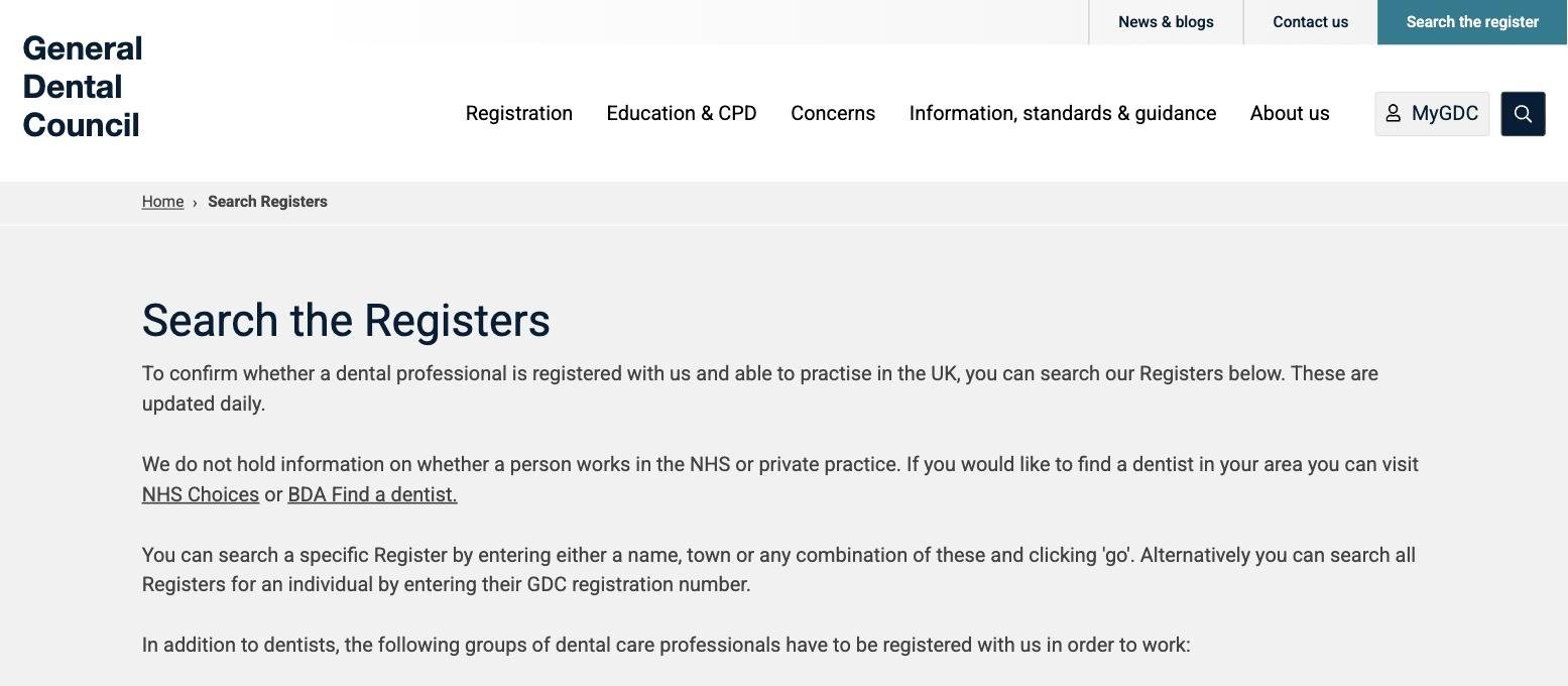 General Dental Council search the registers page for checking a dentist’s registration
