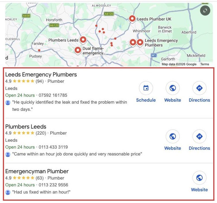 Google map pack for emergency plumber leeds showing three plumbing businesses open 24 hours