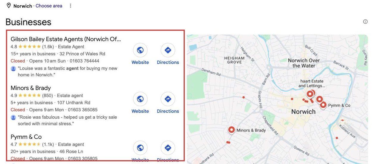 Google local pack for estate agents norwich showing independent agency profiles with reviews
