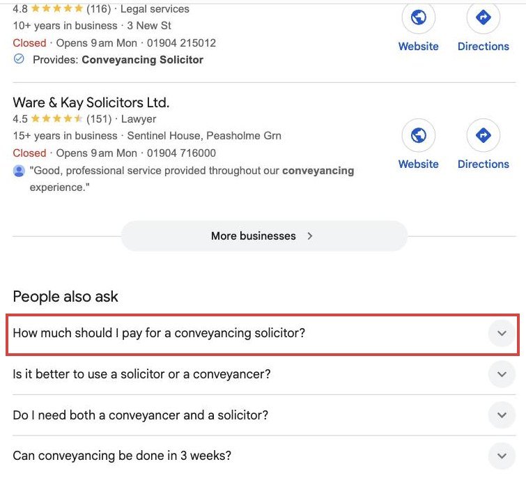 Google results for conveyancing solicitor york with the question how much should I pay for a conveyancing solicitor highlighted