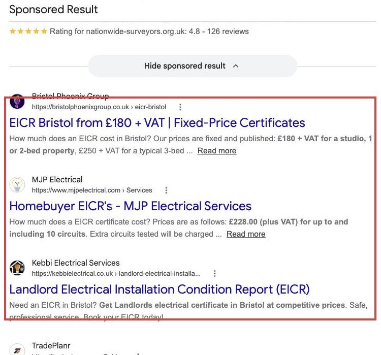 Google results for eicr certificate cost bristol with fixed prices in the page titles and snippets
