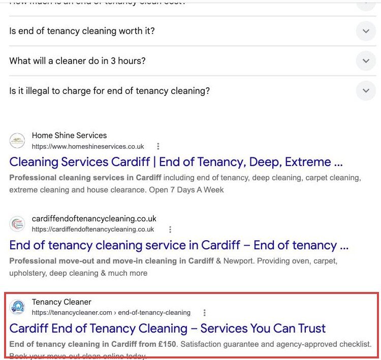Google results for end of tenancy cleaning cardiff with a fixed price and agency approved checklist in the snippets