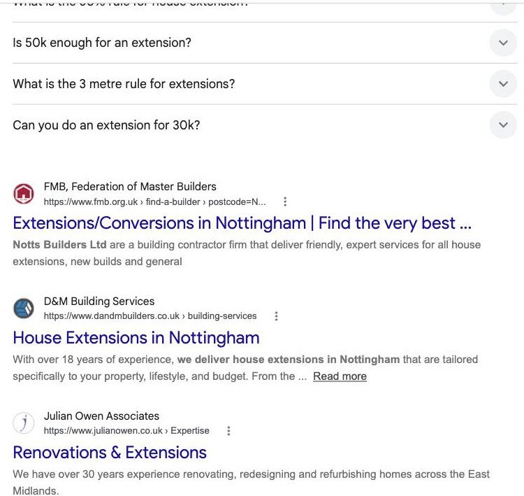 Google results for house extension builder nottingham including the Federation of Master Builders directory