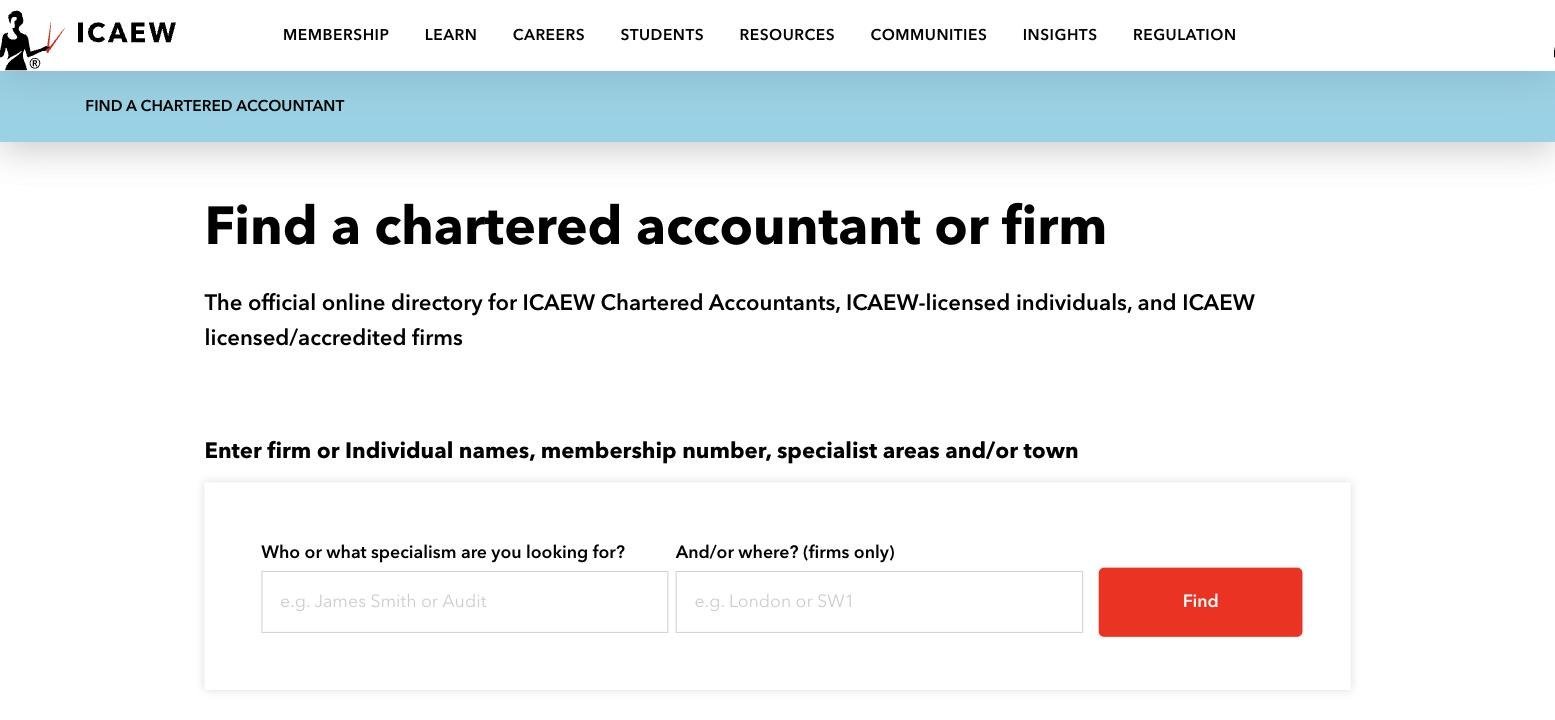 ICAEW find a chartered accountant directory search page