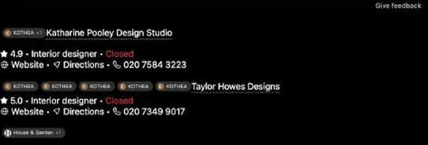 ChatGPT London answer showing business cards for Katharine Pooley Design Studio rated 4.9 and Taylor Howes Designs rated 5.0, each with several citation chips reading KOTHEA and one reading House and Garden