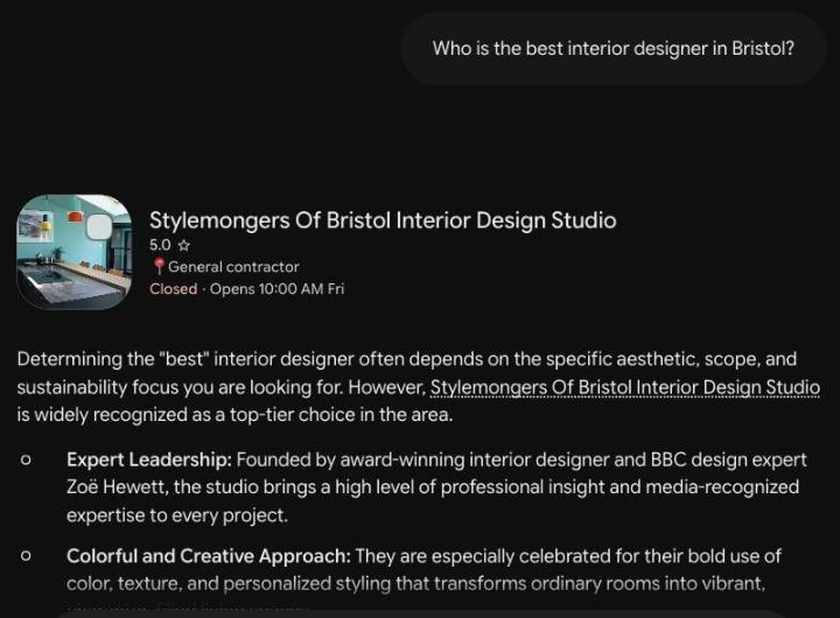 Gemini answer for Bristol naming a single firm, Stylemongers Of Bristol Interior Design Studio, with a 5.0 place card and bullet points about its founder and approach