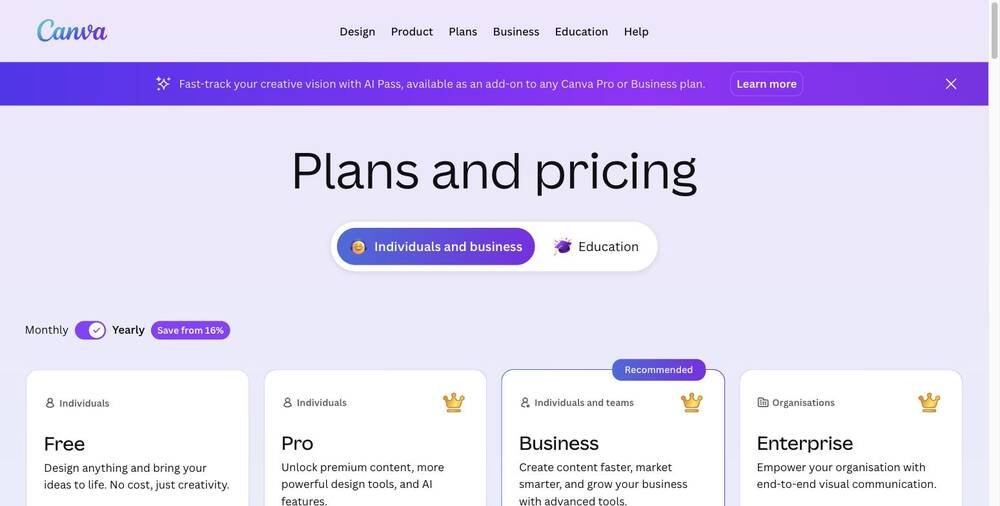 Canva plans and pricing page screenshot