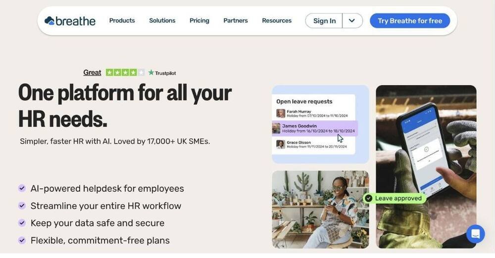 Breathe HR website homepage screenshot