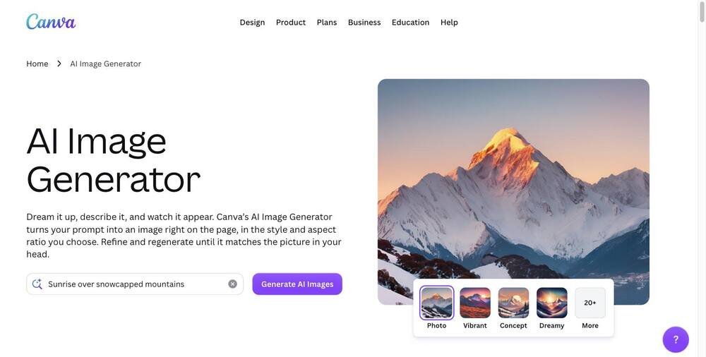 Canva AI Image Generator page screenshot