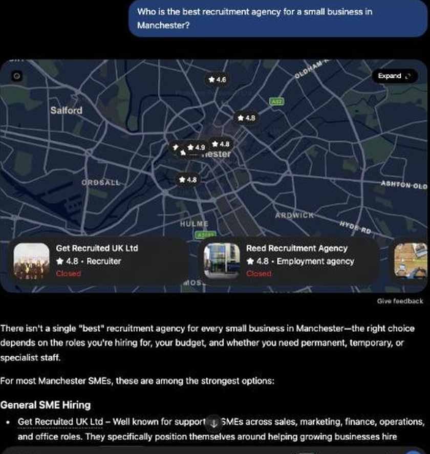 ChatGPT answer for Manchester showing a map widget with star ratings and firm cards for Get Recruited UK Ltd at 4.8 and Reed Recruitment Agency at 4.8, above the text of the answer