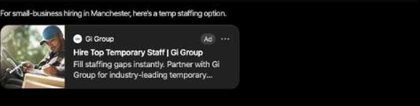 Labelled Gi Group advert beneath a ChatGPT answer, headed Hire Top Temporary Staff, introduced with the line: for small-business hiring in Manchester, here's a temp staffing option