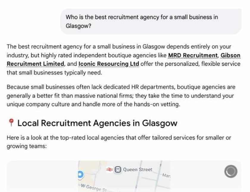 Google AI Mode answer for Glasgow naming MRD Recruitment, Gibson Recruitment Limited and Iconic Resourcing Ltd as boutique agencies for small businesses