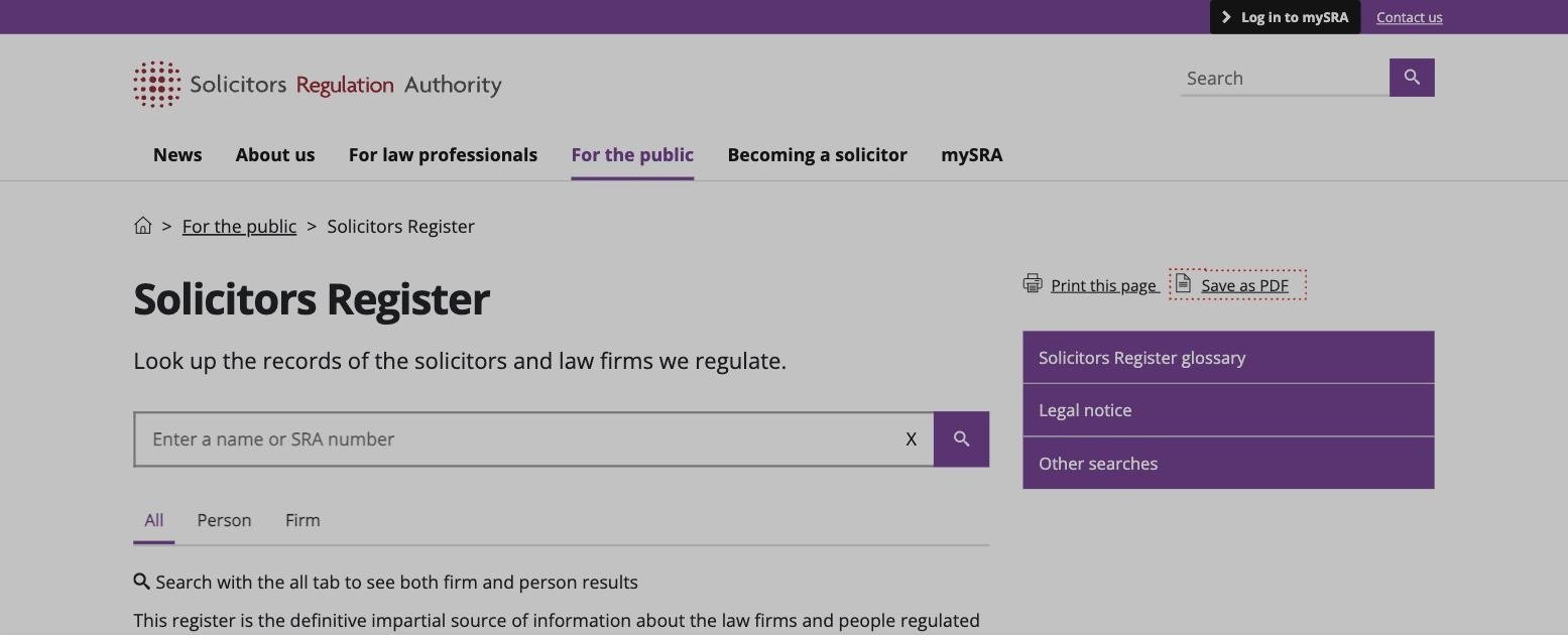 Solicitors Regulation Authority register search page for looking up solicitors and law firms