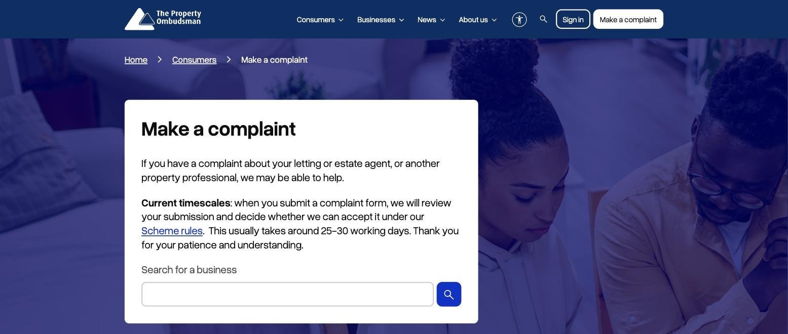 The Property Ombudsman search for a business page where consumers check membership and start complaints