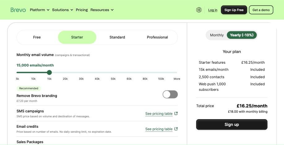 Brevo pricing page with the Starter plan set to 15,000 emails a month, showing 2,500 contacts included and £18.00 with monthly billing