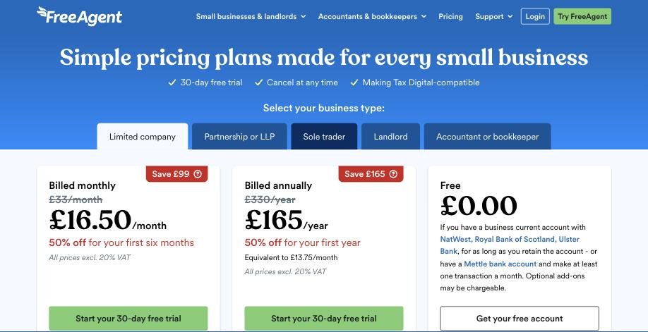 FreeAgent pricing page for limited companies showing £33 a month, £330 a year, and a free option for NatWest, Royal Bank of Scotland, Ulster Bank and Mettle customers